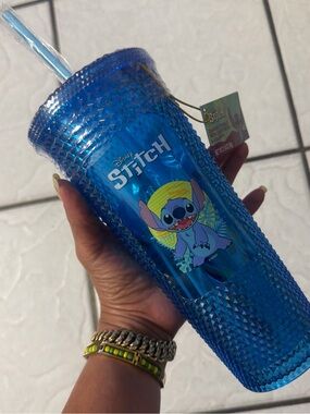 Stitch Cup Plastic Blue W Straw